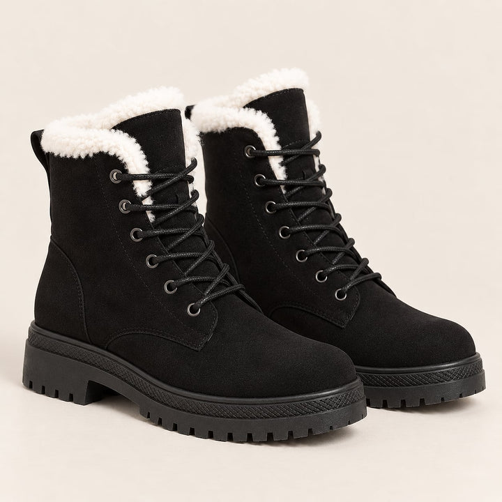 Women's Faux Fur Lined Lace Up Boots in Black, front view