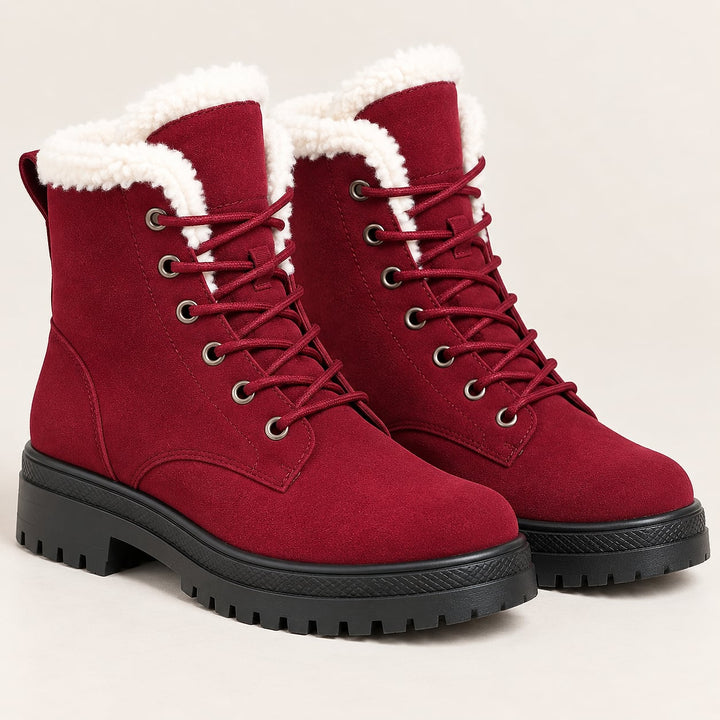 Women's Faux Fur Lined Lace Up Boots in Burgundy, front view