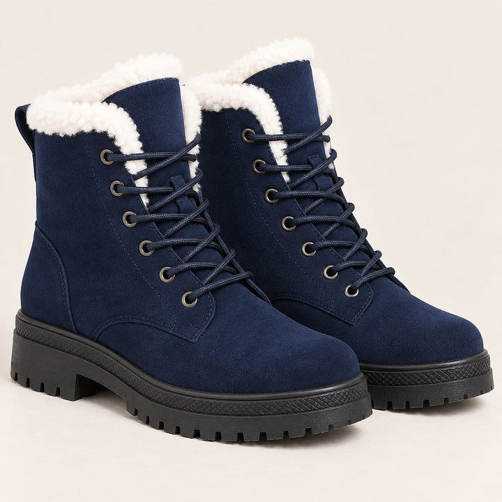 Women's Faux Fur Lined Lace Up Boots in Navy, front view
