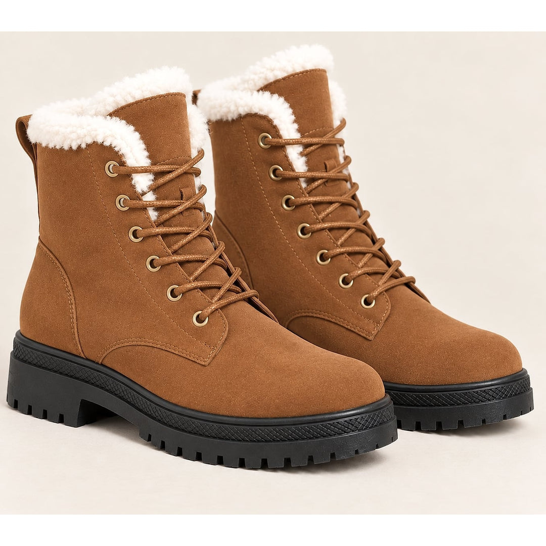 Women's Faux Fur Lined Lace Up Boots in Tan, front view