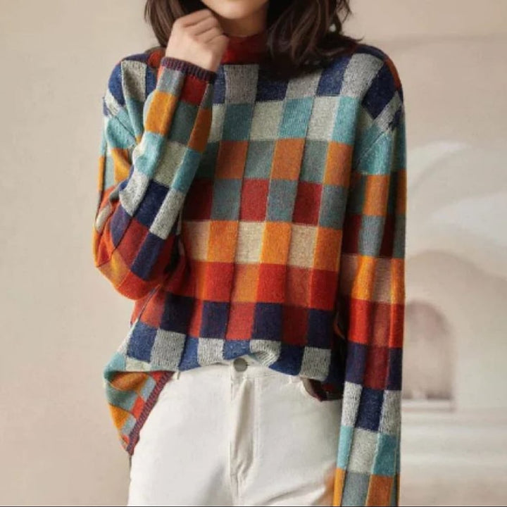 Women's Plaid Crew Neck Sweater in Multicolor, front view