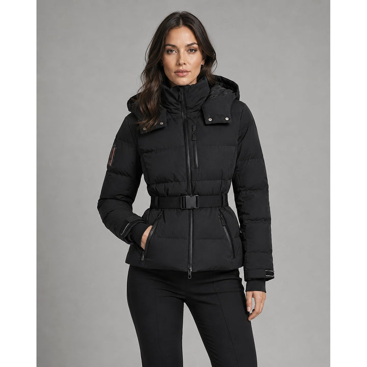Women's Black Puffer Jacket, front view 3
