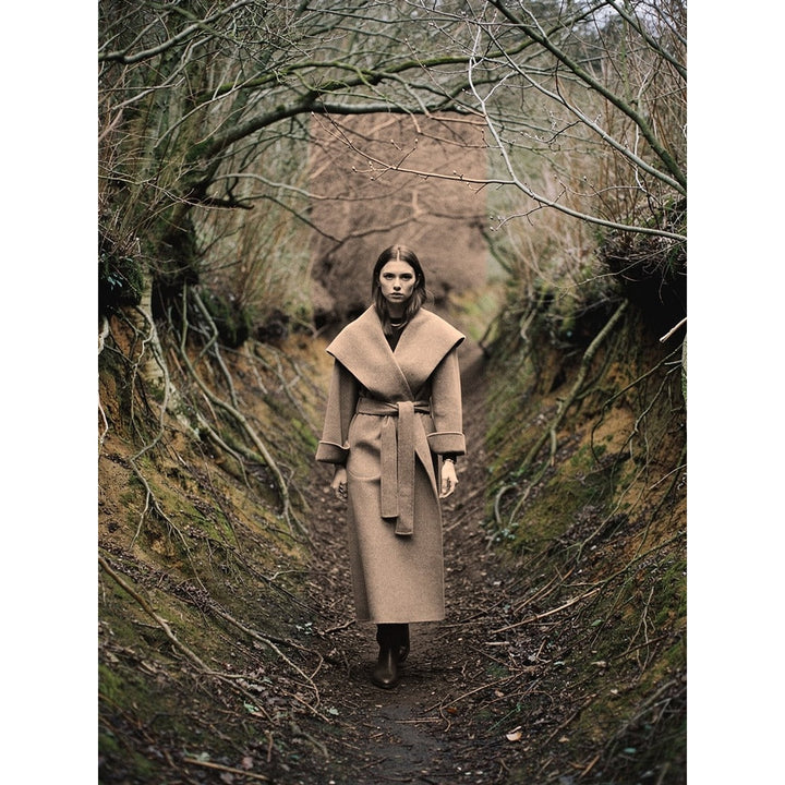 Women's Belted Wrap Coat in Brown, front view