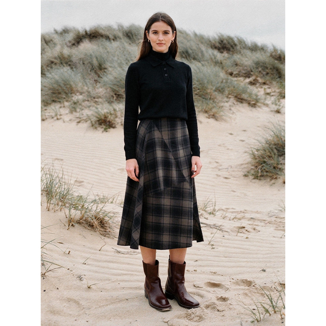 Women's Plaid Midi Skirt in Brown, front view