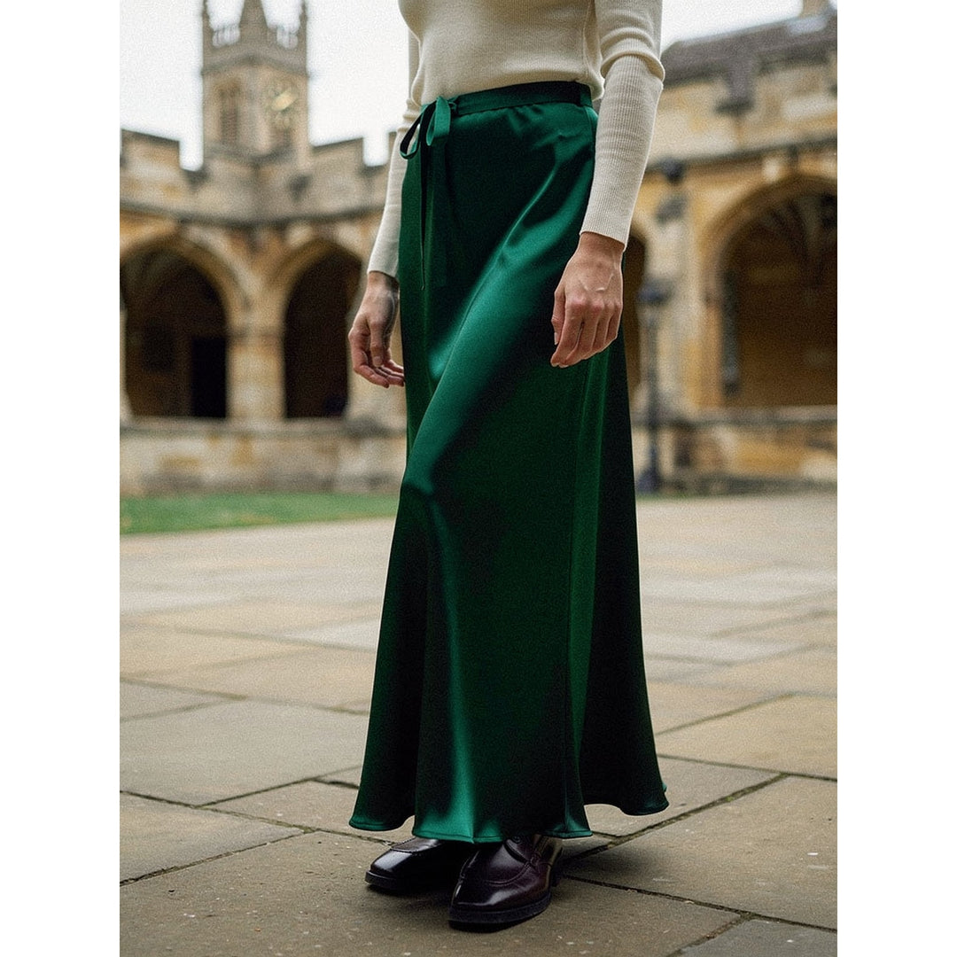 Women's Satin Maxi Skirt in Green, front view