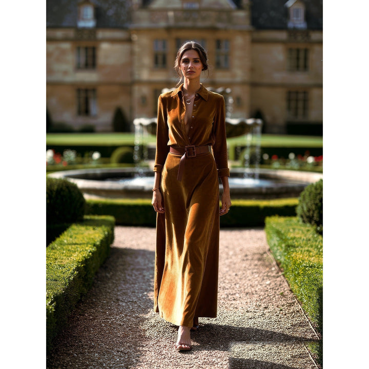 Women's Faux Suede Shirt Dress in Tan, front view