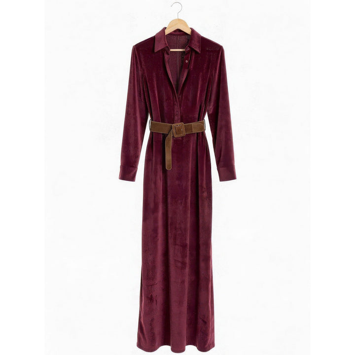 Women's Faux Suede Shirt Dress in Burgundy, front view