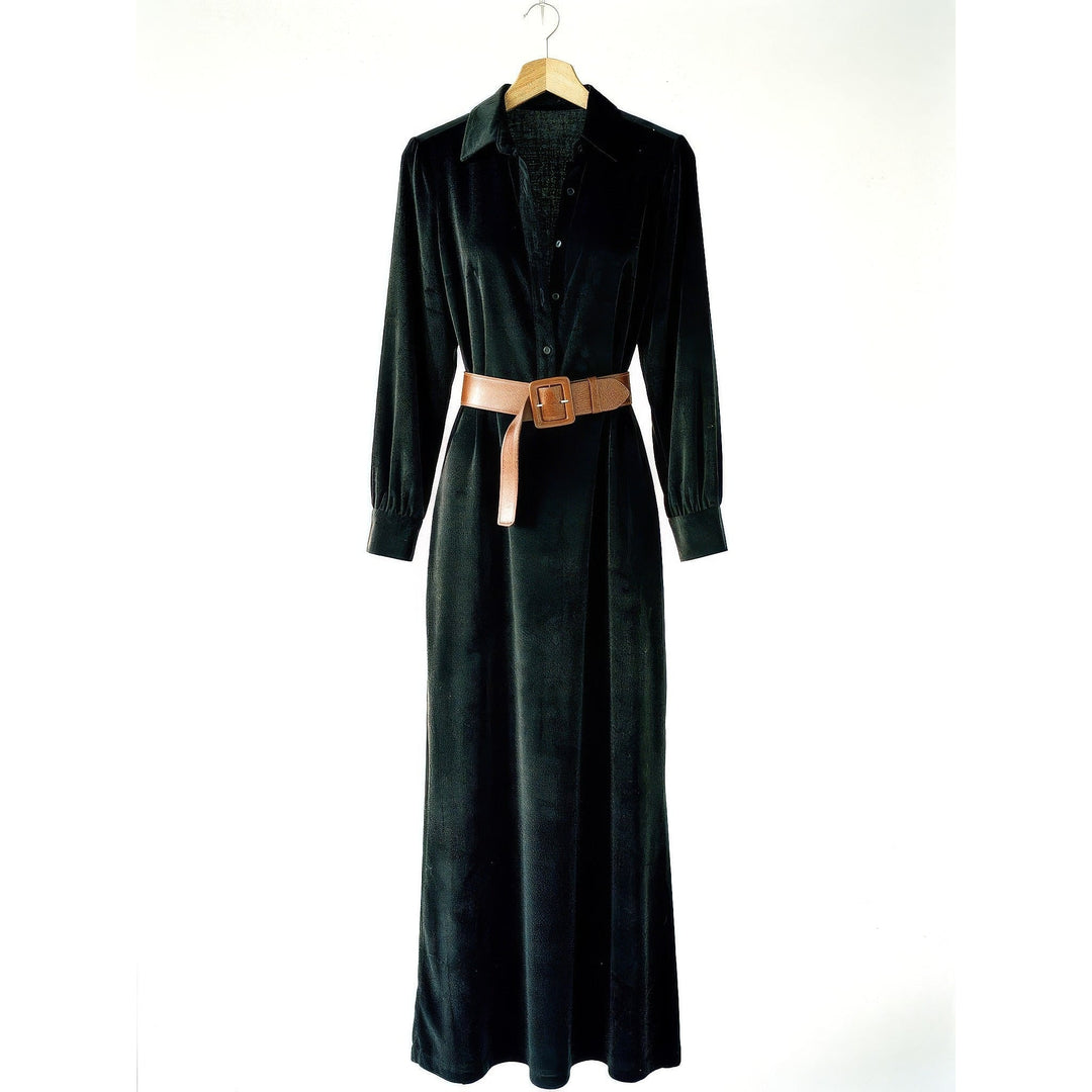 Women's Faux Suede Shirt Dress in Black, front view