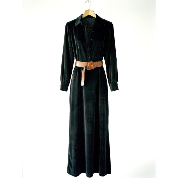 Women's Faux Suede Shirt Dress in Black, front view