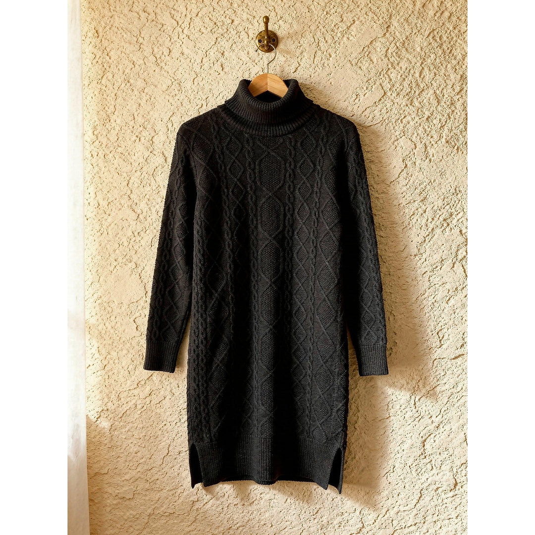 Women's Cable Knit Sweater Dress in Black, front view