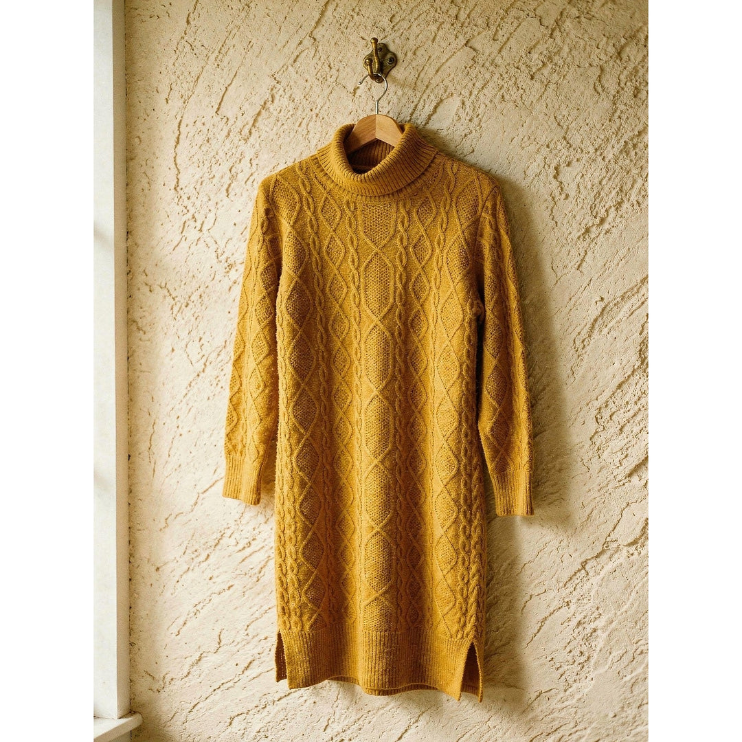 Women's Cable Knit Sweater Dress in Yellow, front view