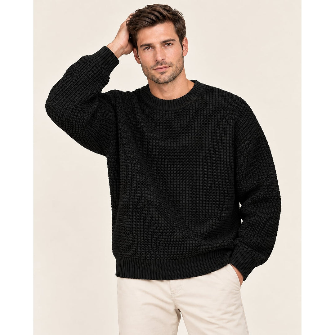 Men's Waffle Knit Sweater in Black, front view