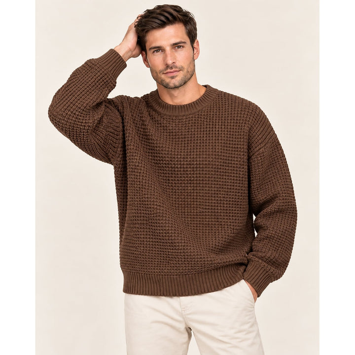 Men's Waffle Knit Sweater in Brown, front view