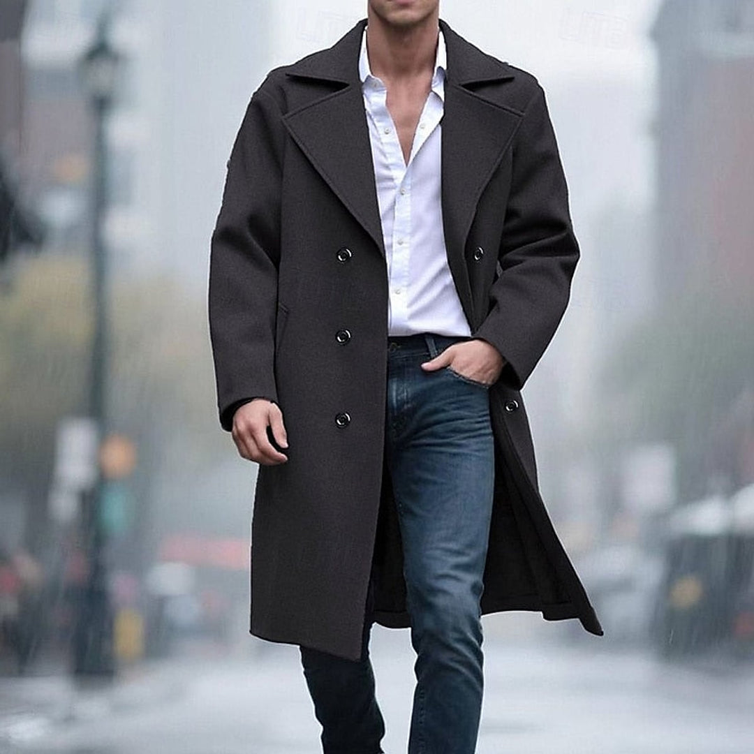 Men's Tailored Long Overcoat in Black, front view