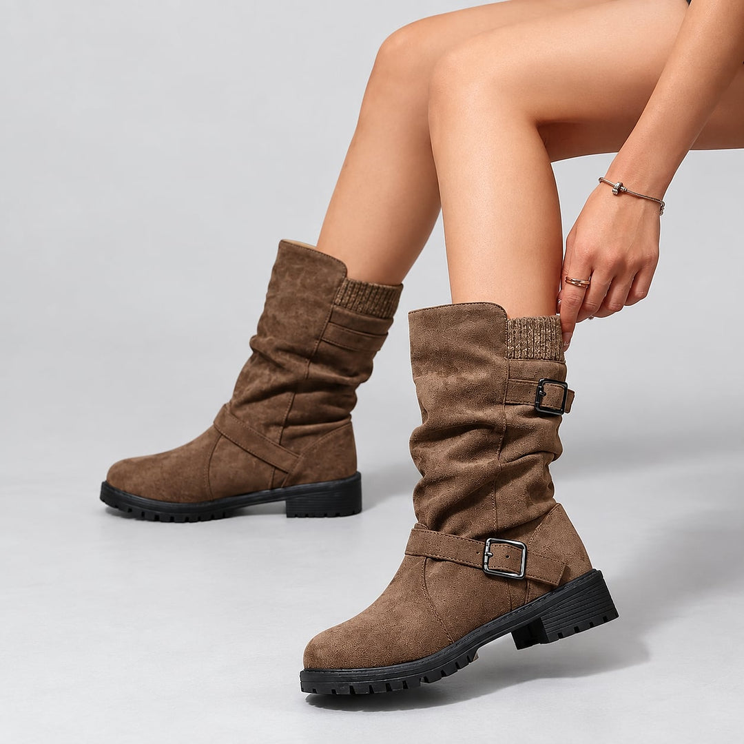 Women's Knit Slouch Winter Boots in Brown, front view
