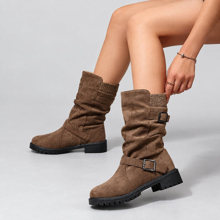 Women's Knit Slouch Winter Boots in Brown, front view
