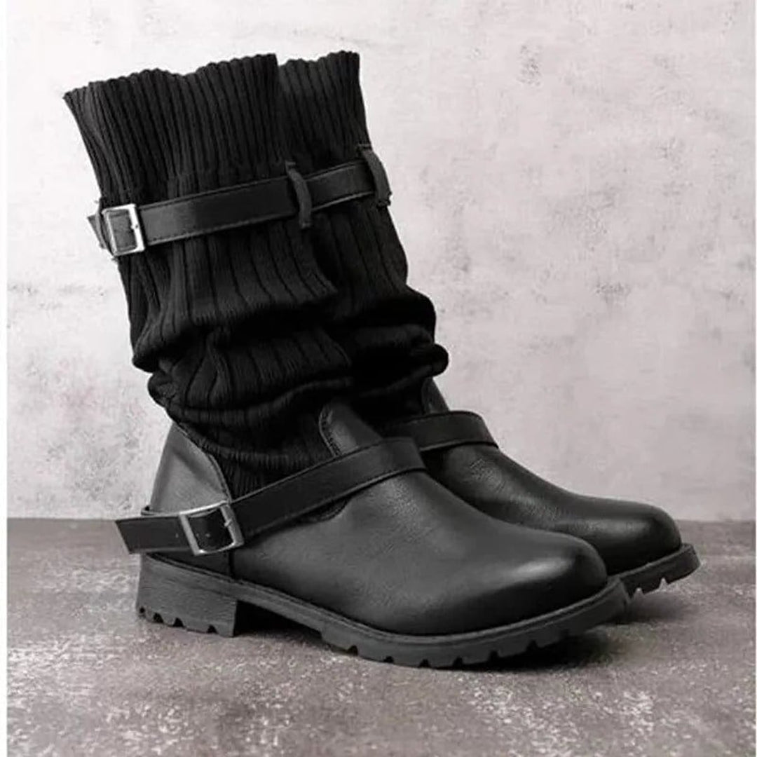 Women's Knit Slouch Winter Boots in Black, front view