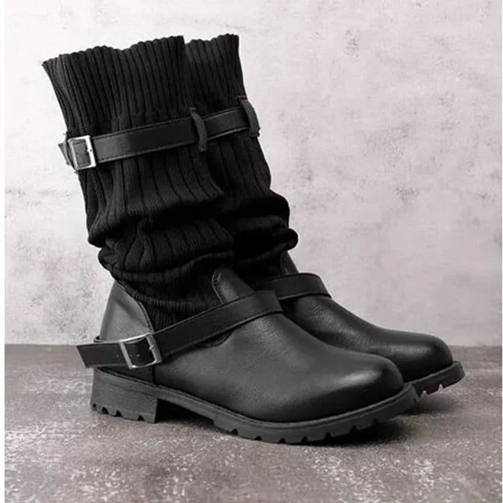 Women's Knit Slouch Winter Boots in Black, front view