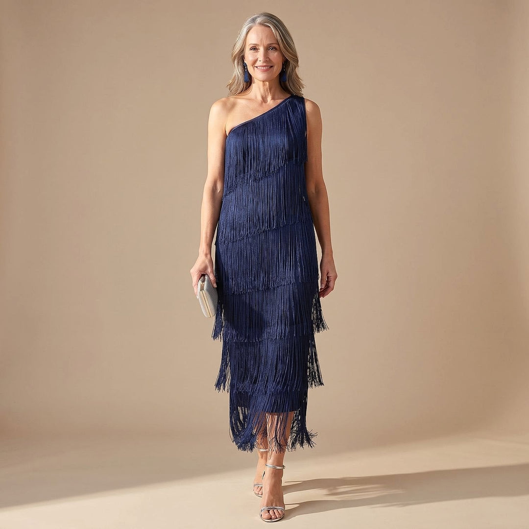 Women's Fringe Maxi Dress in Navy, front view