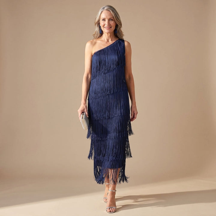Women's Fringe Maxi Dress in Navy, front view