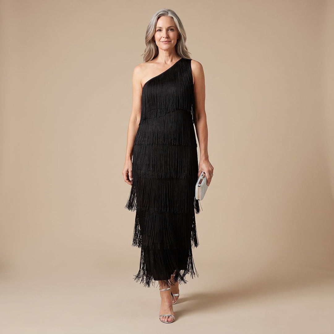 Women's Fringe Maxi Dress in Black, front view