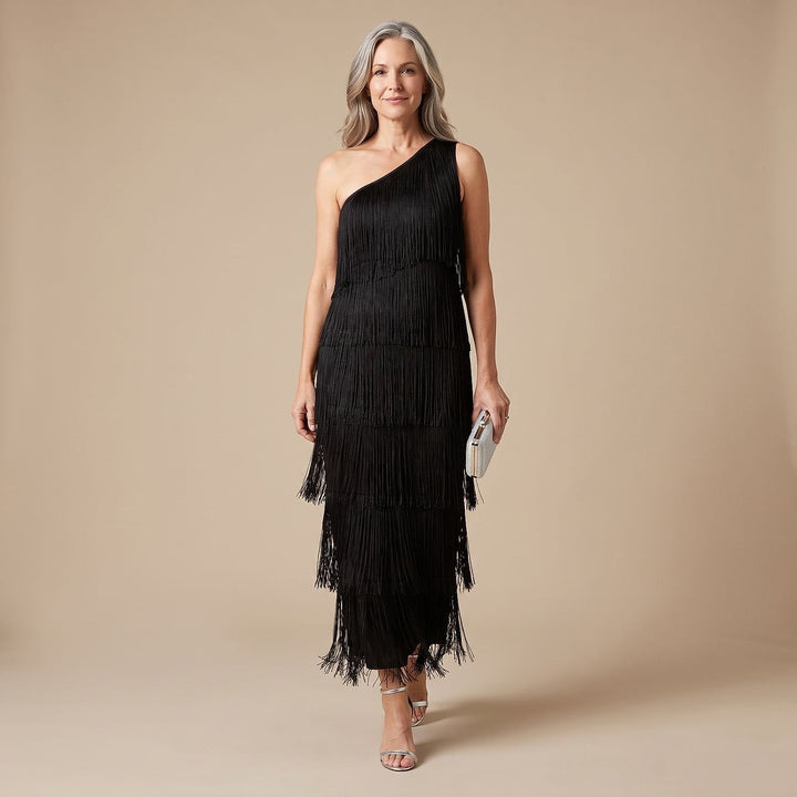 Women's Fringe Maxi Dress in Black, front view