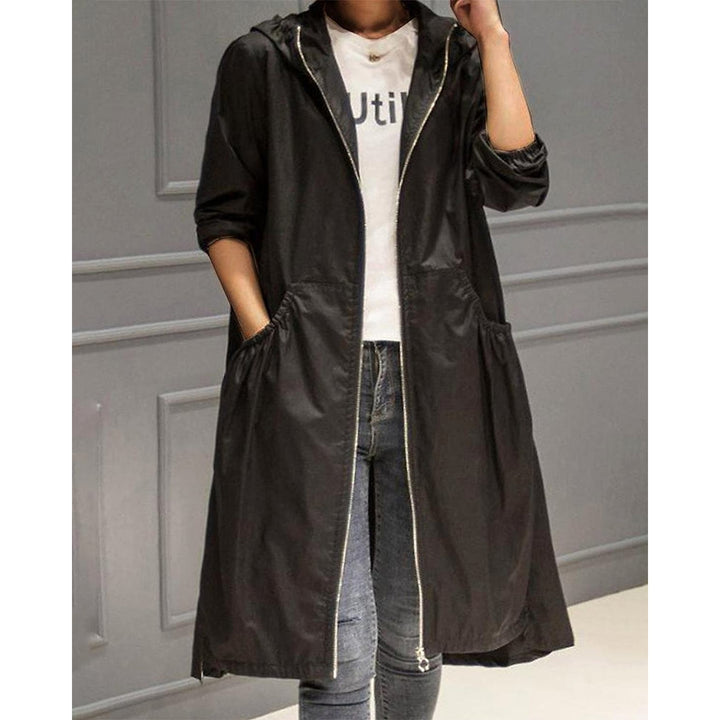 Women's Hooded Trench Coat in Black, front view