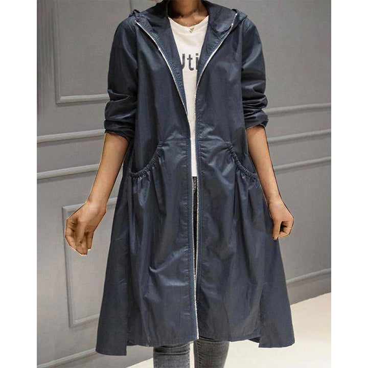 Women's Hooded Trench Coat in Dark Denim, front view