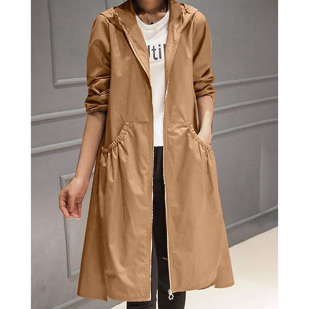Women's Hooded Trench Coat in Brown, front view
