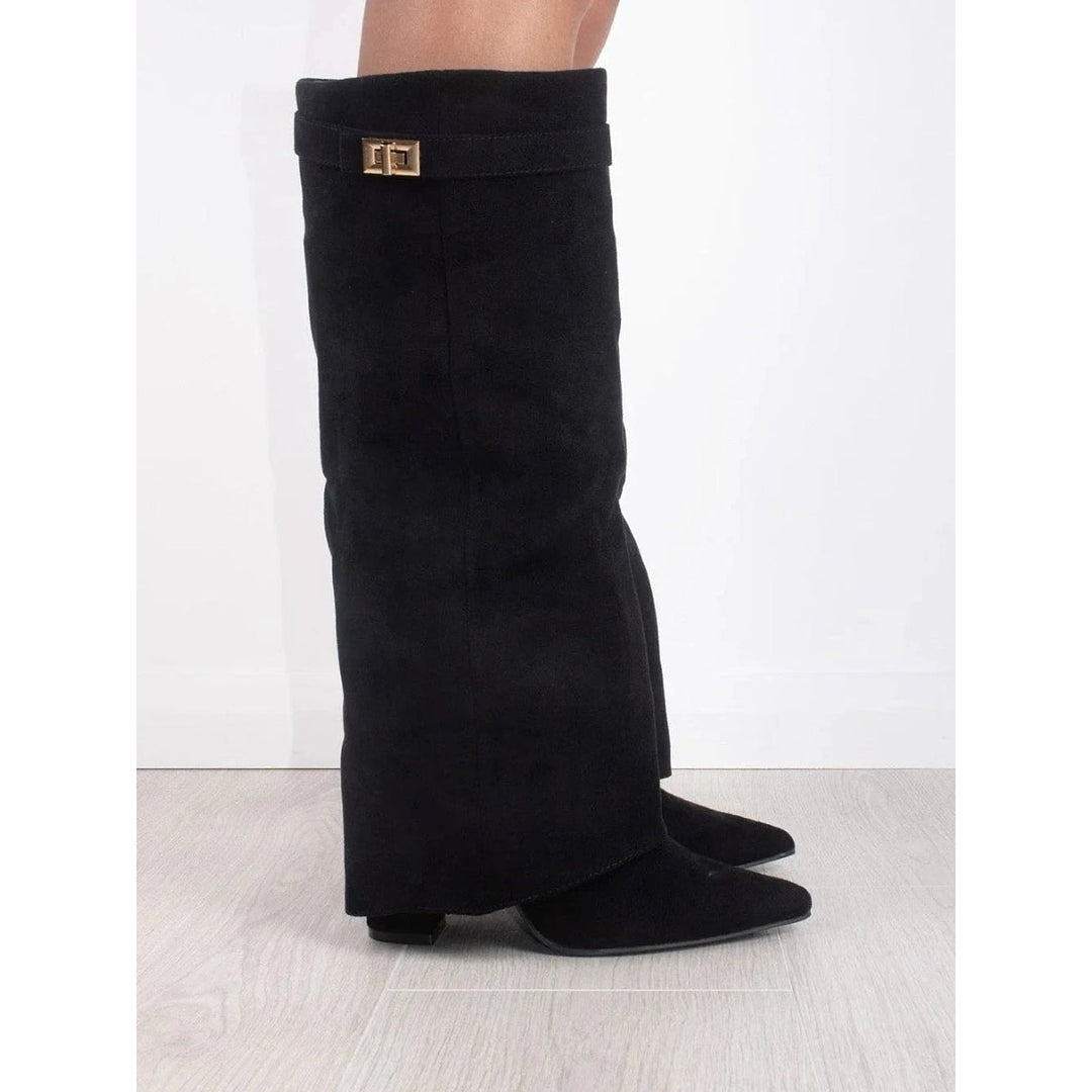 Women's Fold Over Knee High Boots in Black, side view