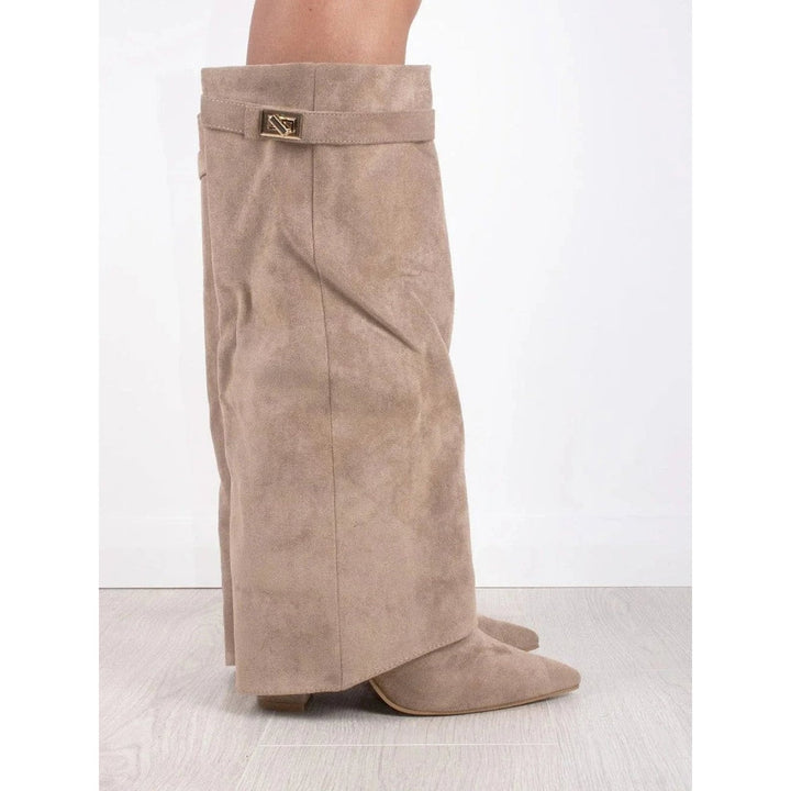 Women's Fold Over Knee High Boots in Beige, side view