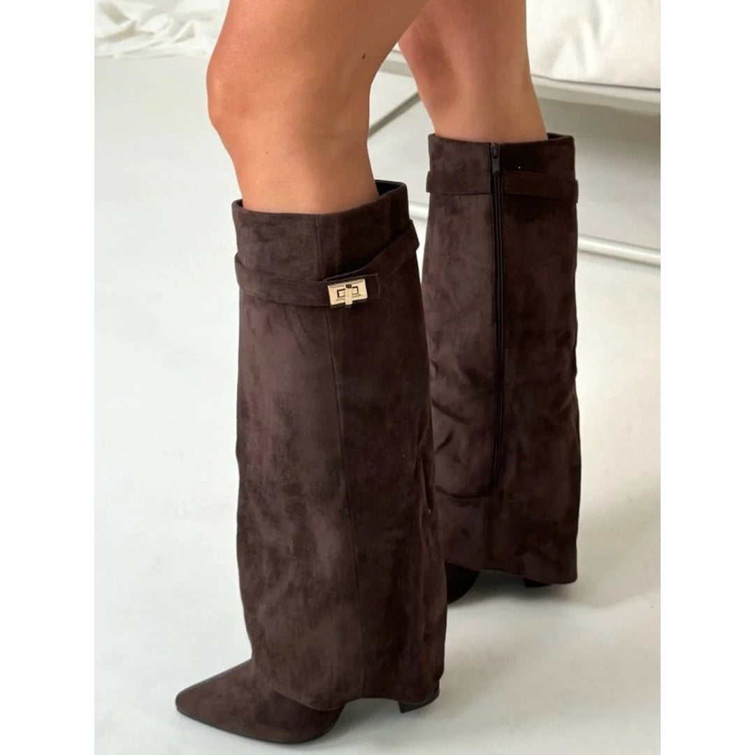 Women's Fold Over Knee High Boots in Dark Brown, back view