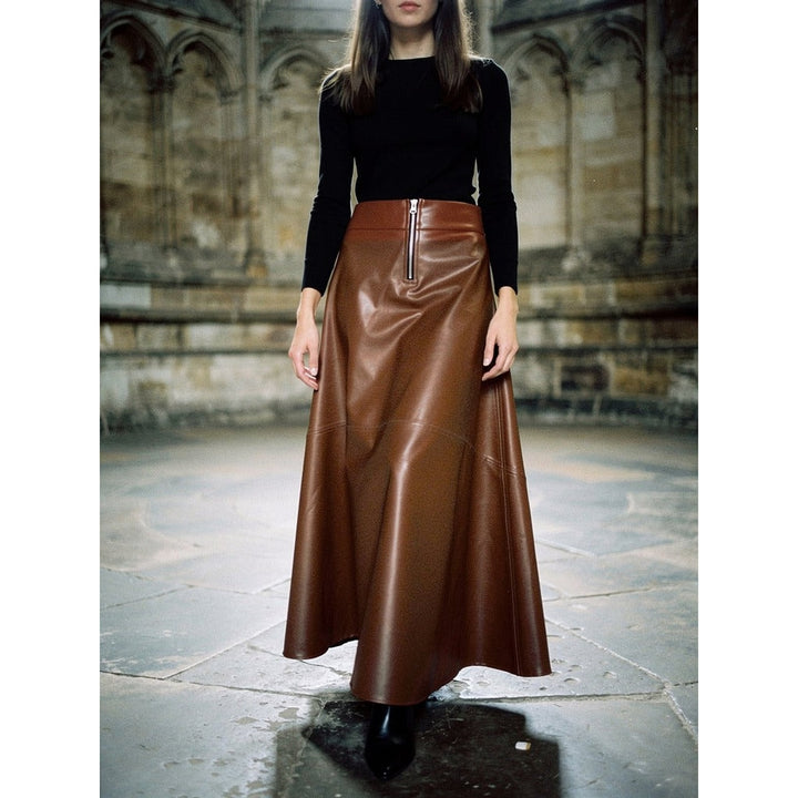 Women's Faux Leather Maxi Skirt in Brown, front view