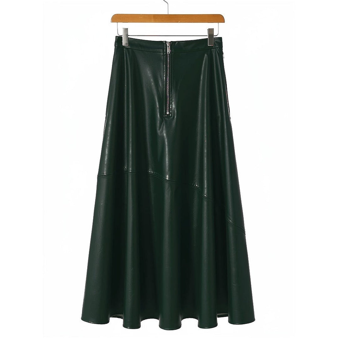 Women's Faux Leather Maxi Skirt in Dark Green, back view