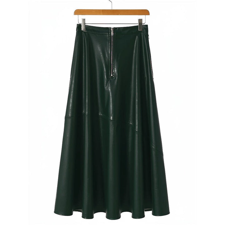 Women's Faux Leather Maxi Skirt in Dark Green, back view