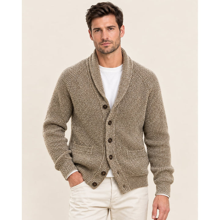 Men's Shawl Collar Cardigan in Khaki, front view