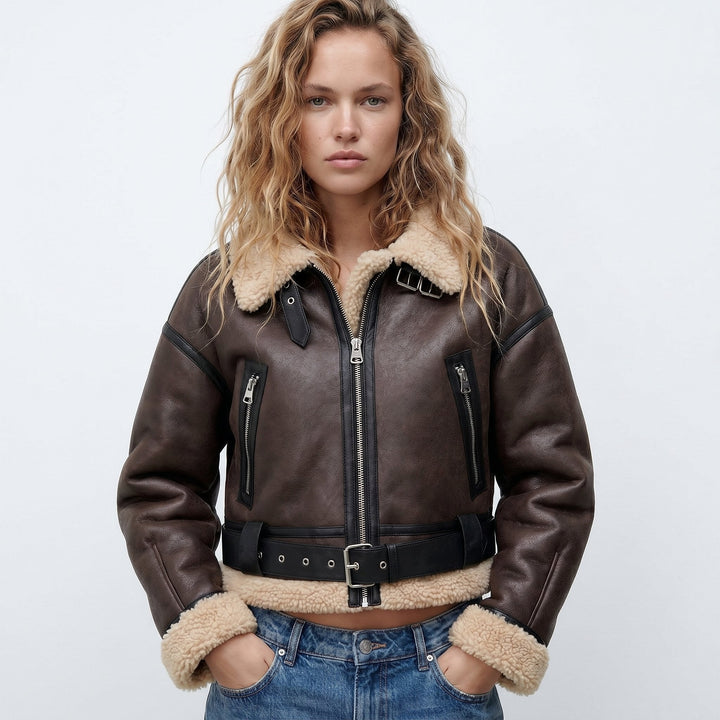 Women's Aviator Jacket in Brown, front view