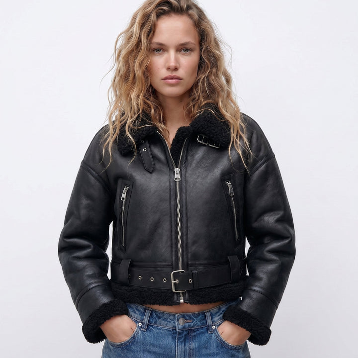 Women's Aviator Jacket in Black, front view