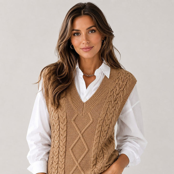 Women's Sweater Vest in Khaki, front view