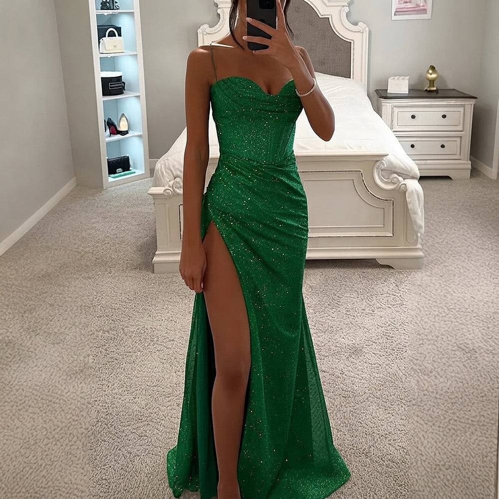 Women's Sequin Dress in Dark Green, front view