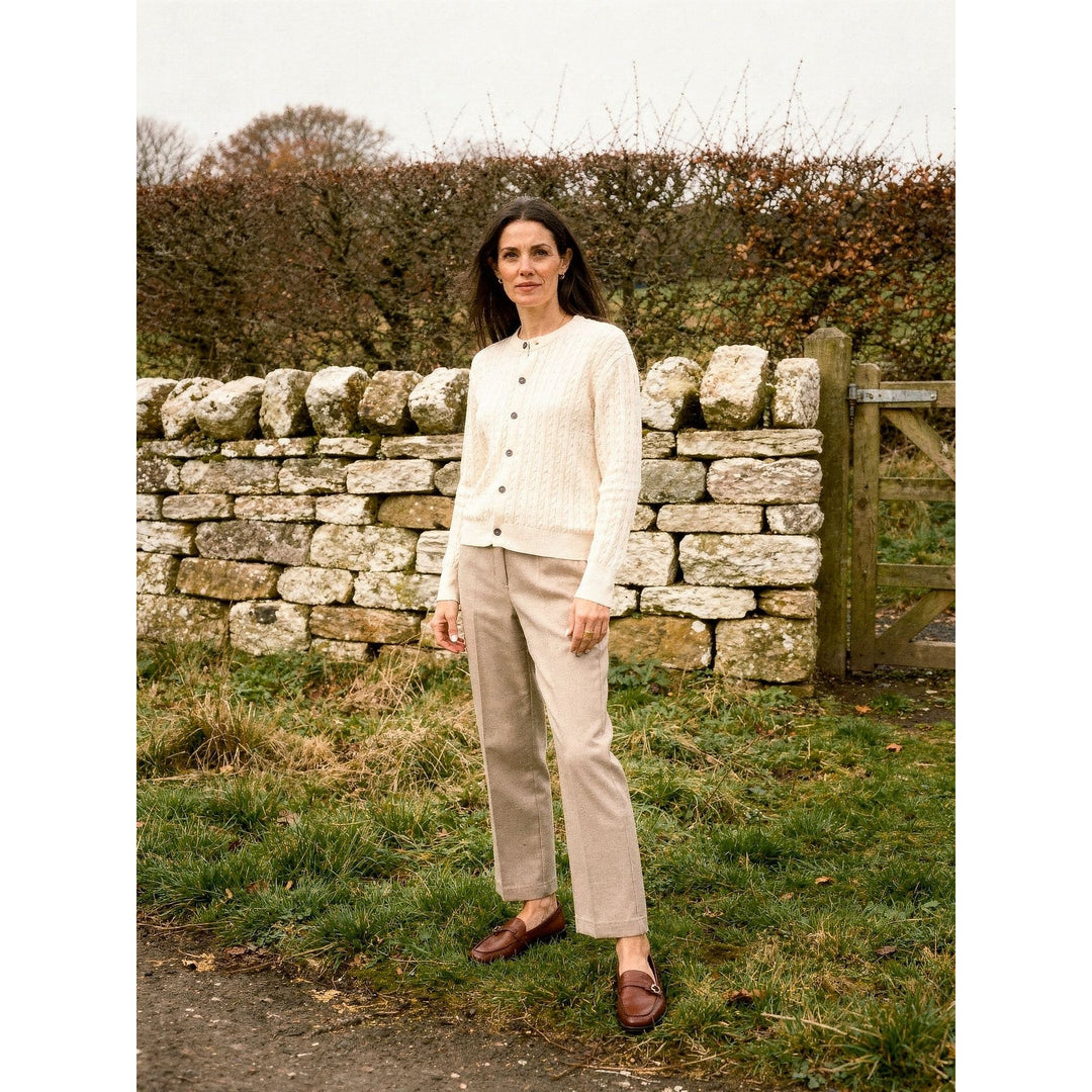 Women's Cable Knit Cardigan in Cream, front view