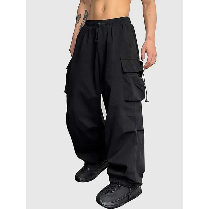 Men's Wide Leg Cargo Pants in Black, front view