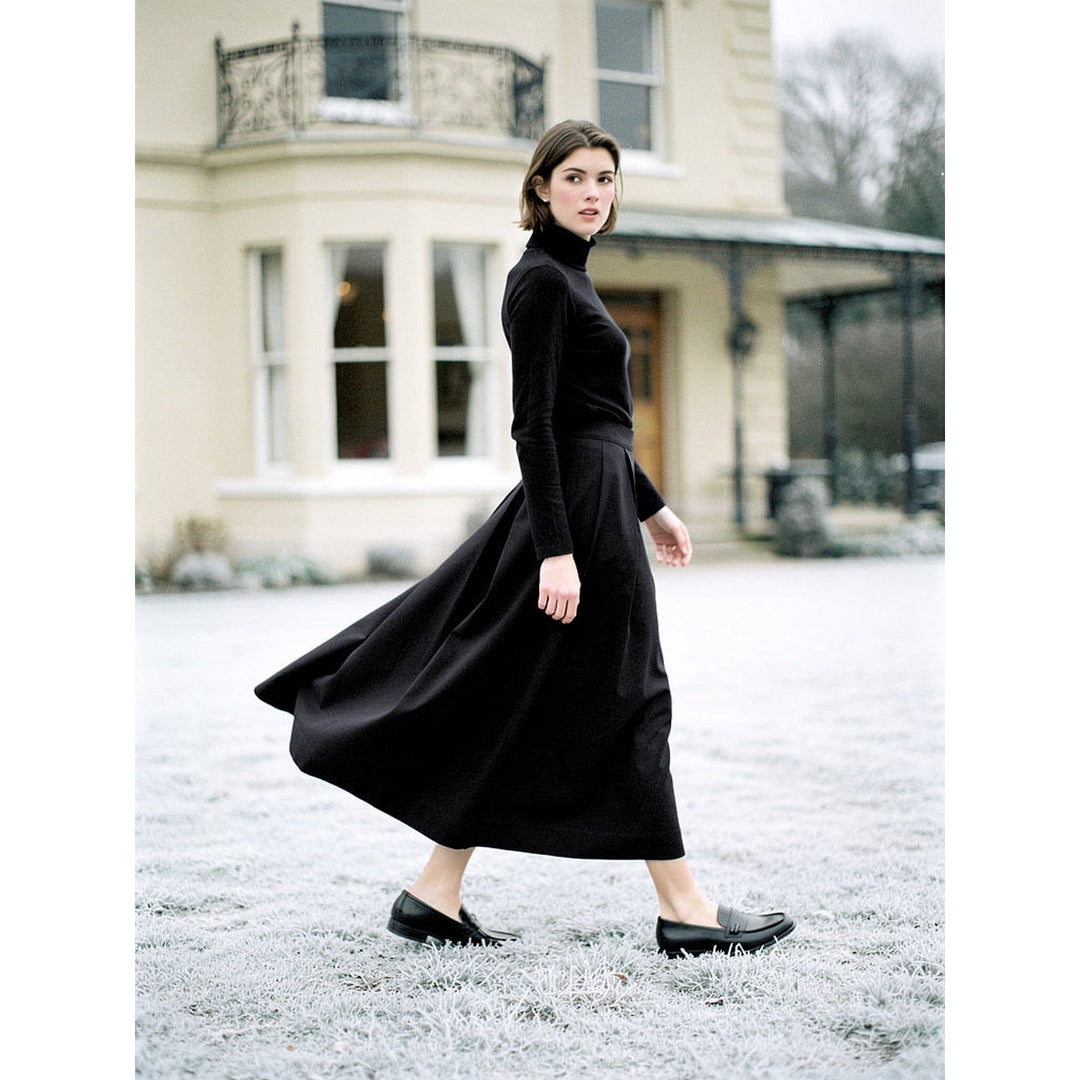 Women's Pleated Midi Skirt in Black, front view