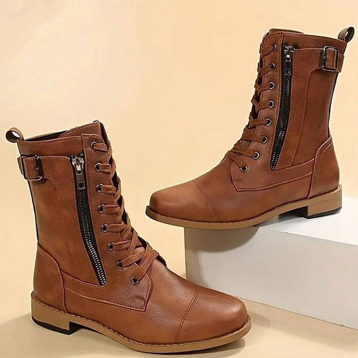 Women’s Mid Calf Combat Boots in Brown, back view
