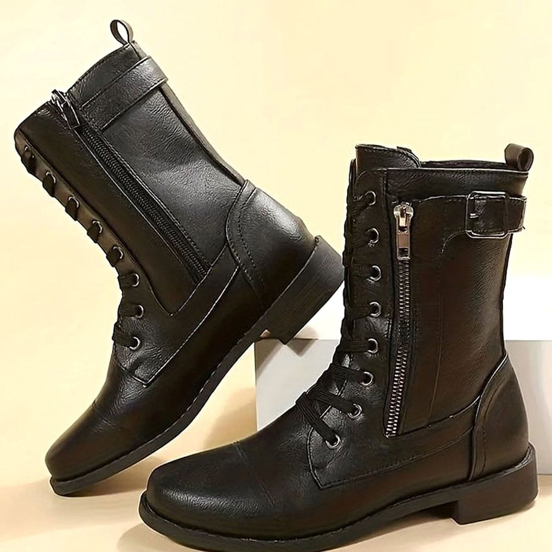 Women’s Mid Calf Combat Boots in Black, back view