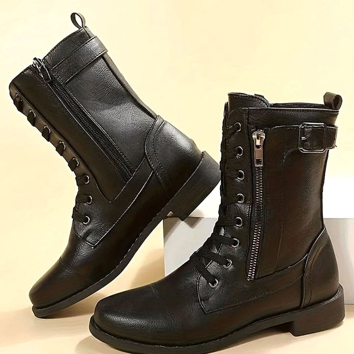 Women’s Mid Calf Combat Boots in Black, back view
