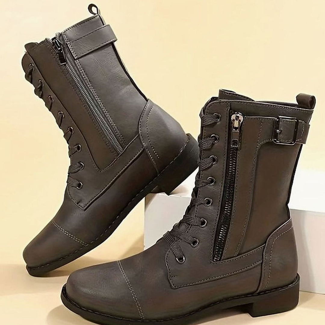 Women’s Mid Calf Combat Boots in Gray, back view
