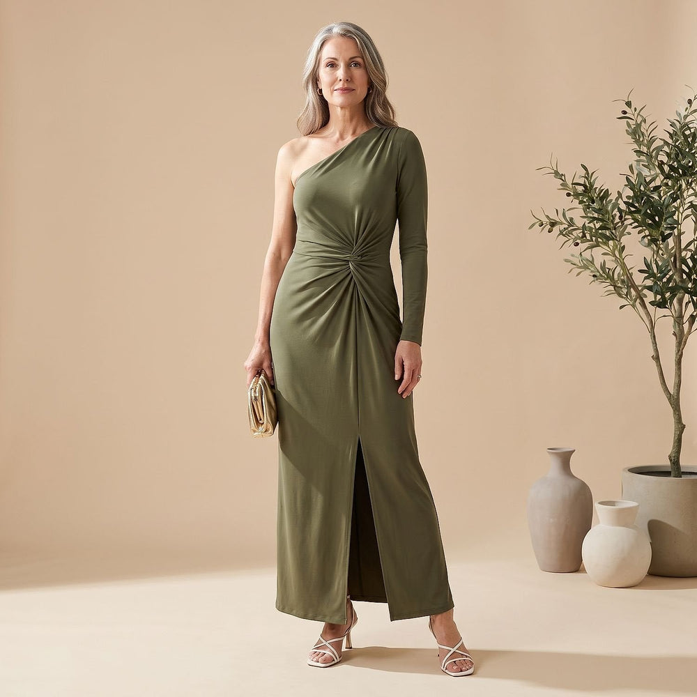 Women's One Shoulder Maxi Dress in Light Green, front view