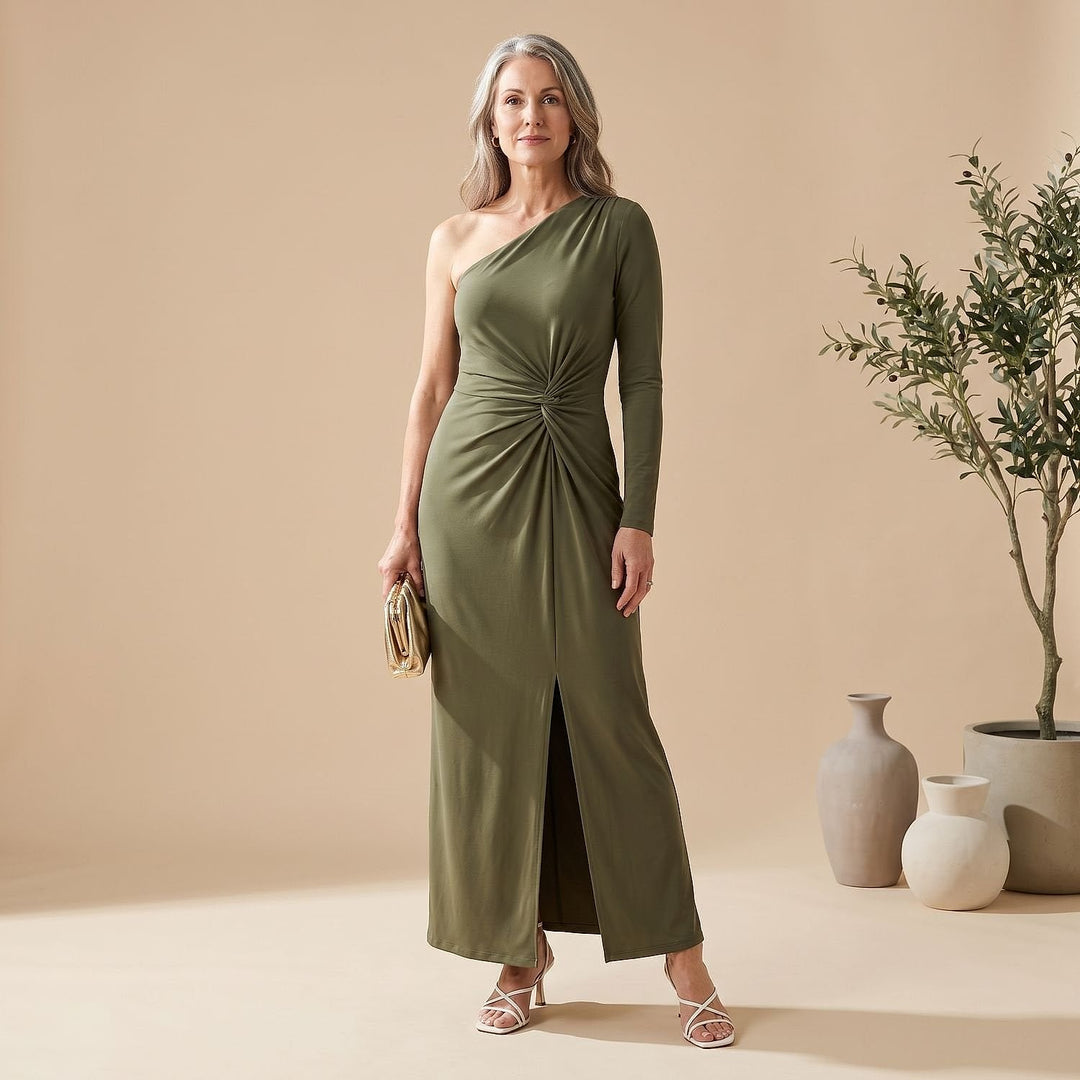 Women's One Shoulder Maxi Dress in Light Green, front view