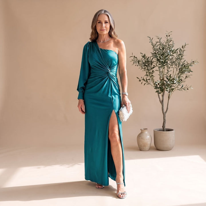 Women's One Shoulder Maxi Dress in Turquoise, front view